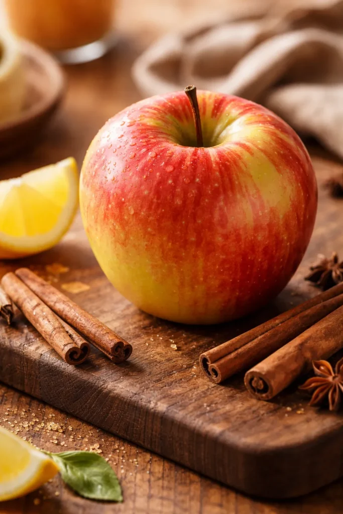 Honeycrisp apple with lemon and cinnamon on wood board