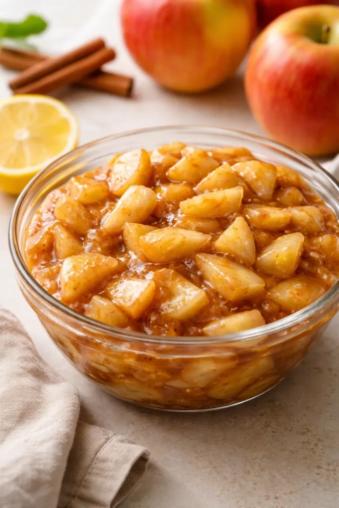 Glossy Honeycrisp apple pie filling with apple chunks in a bowl