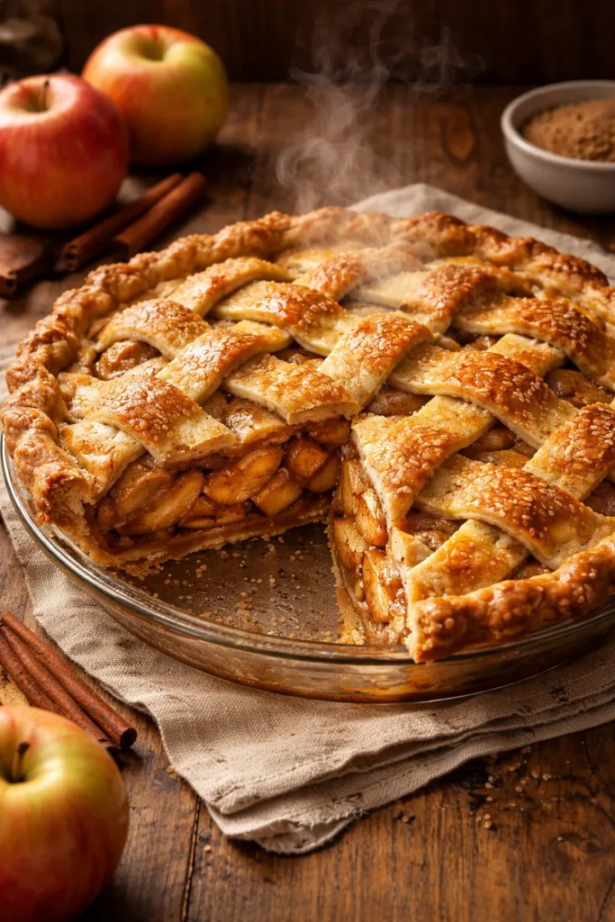 Pie with spiced Honeycrisp apple filling and flaky crust