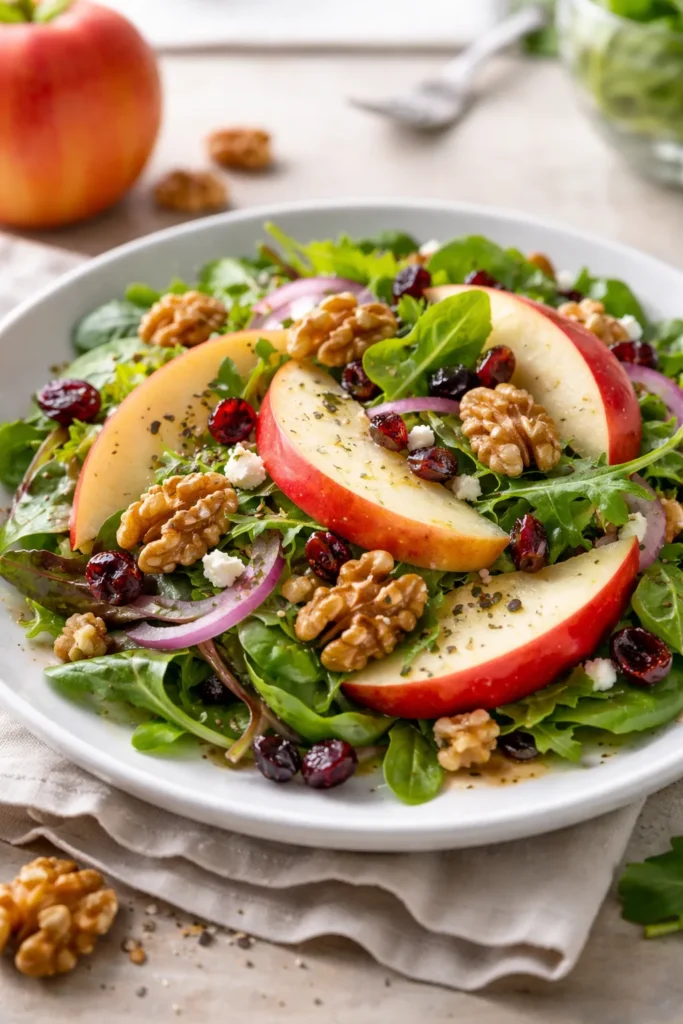 Close-up of Honeycrisp apple slices and walnut halves on a fresh greens salad