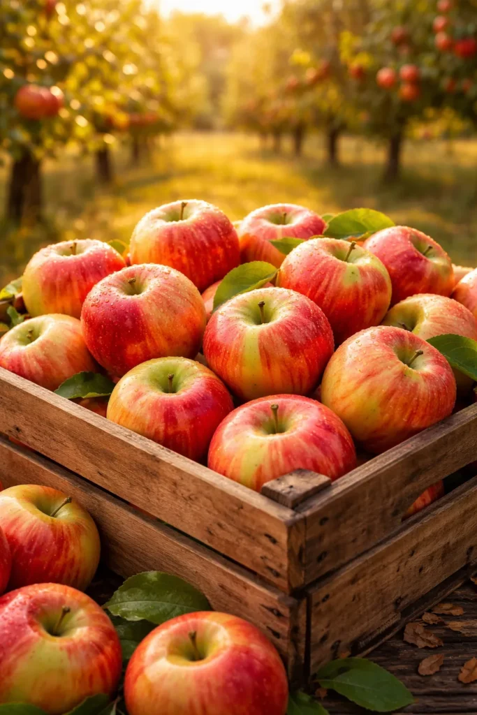 Bright Honeycrisp apples in a rustic crate in an orchard