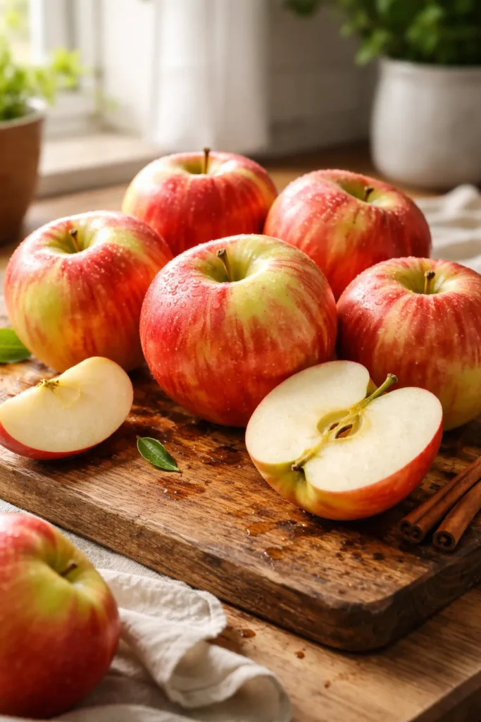 Close up of fresh Honeycrisp apples on a wooden cutting board