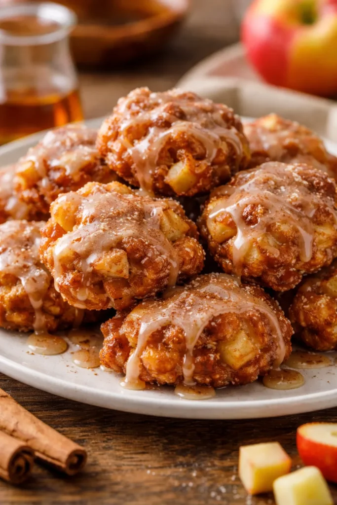 Golden Honeycrisp apple fritters with maple glaze on a plate
