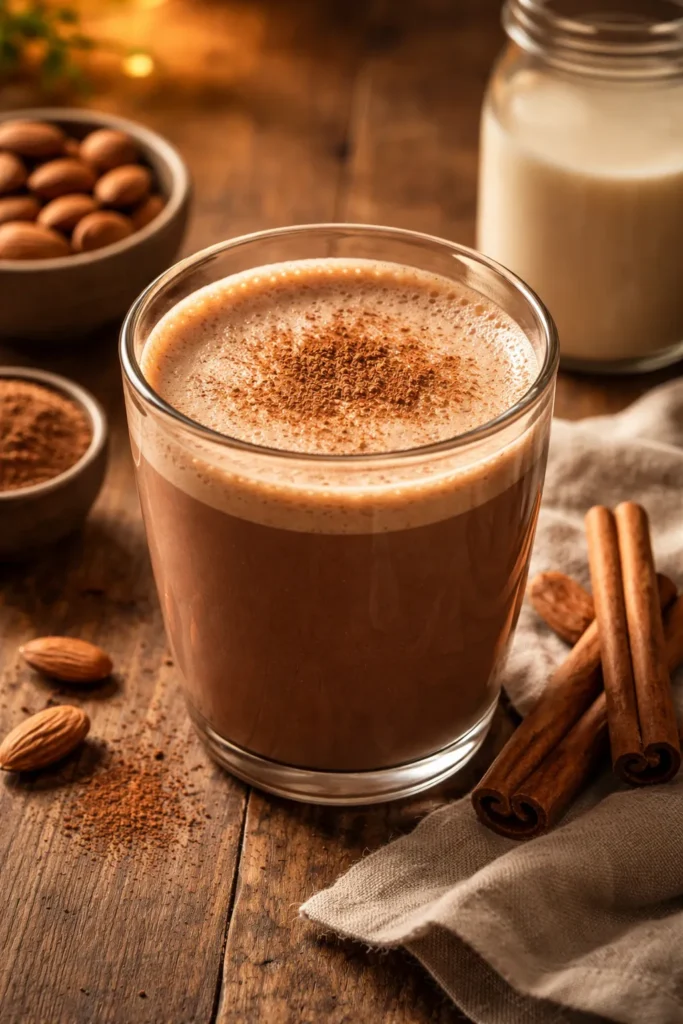 Glass of plant-based chocolate drink on a wooden table