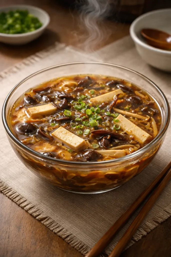Bowl of hot and sour soup with tofu and black fungus