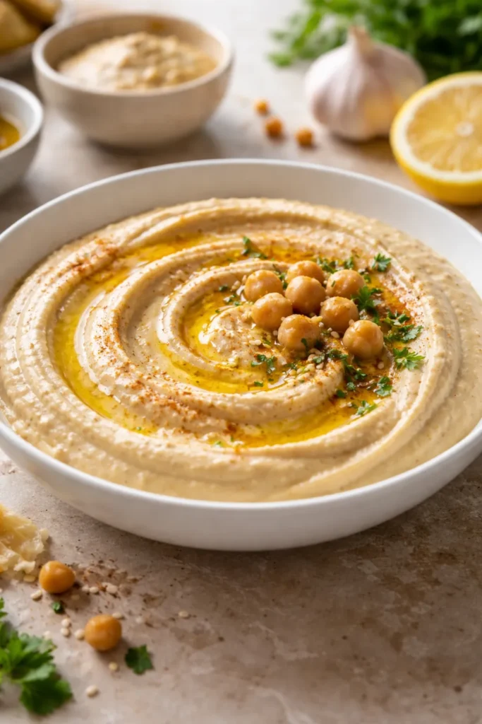 Close-up of silky hummus in a white bowl highlighting creamy texture