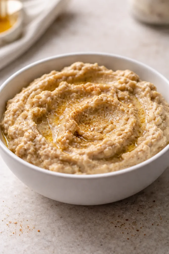Grainy hummus texture in white bowl highlighting common mistakes in blending