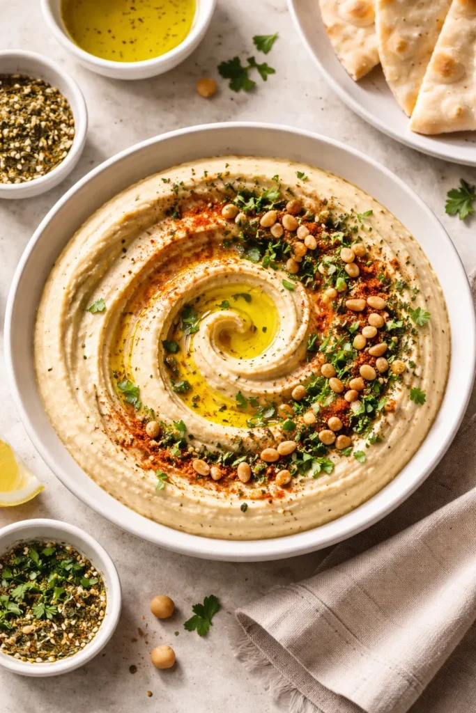 Hummus bowl with oil well and toppings arranged decoratively