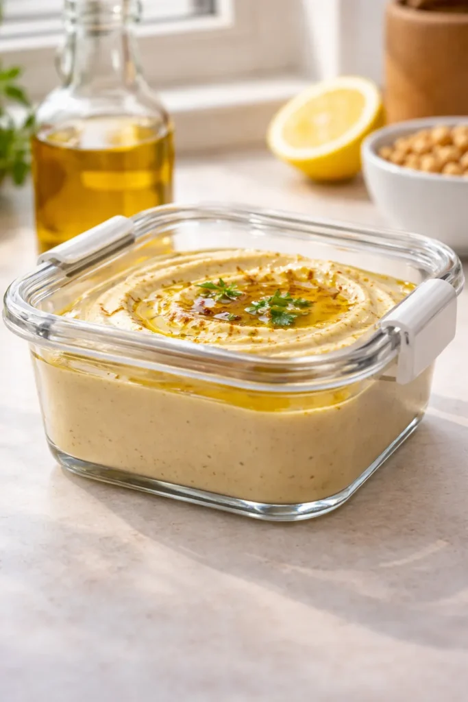 Hummus in airtight container with olive oil layer on top