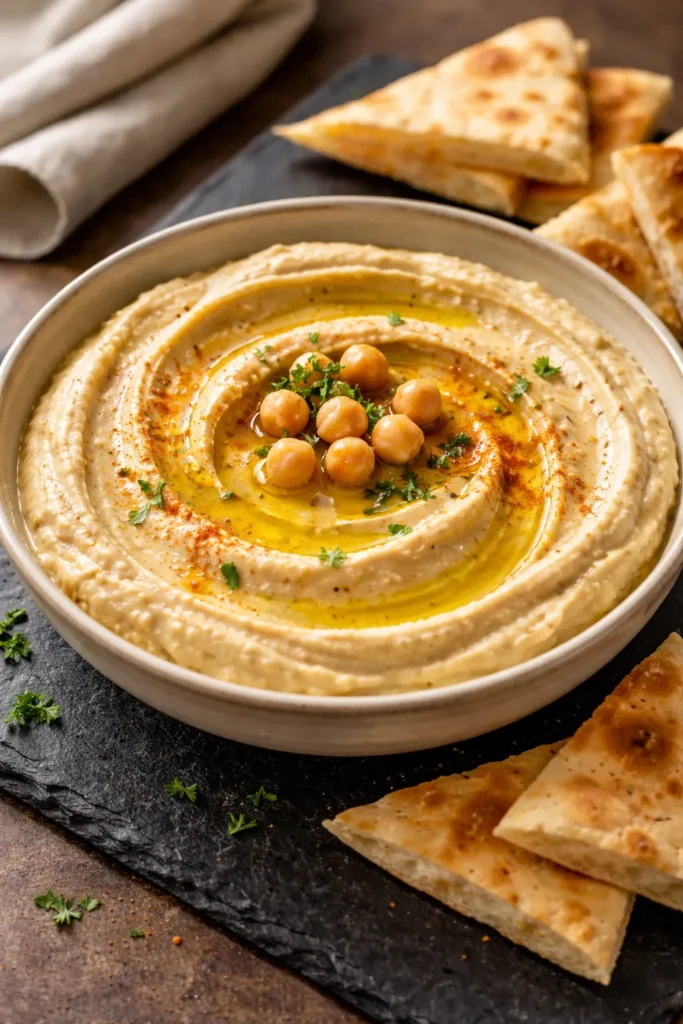 Silky hummus in a bowl with olive oil drizzle and pita slices
