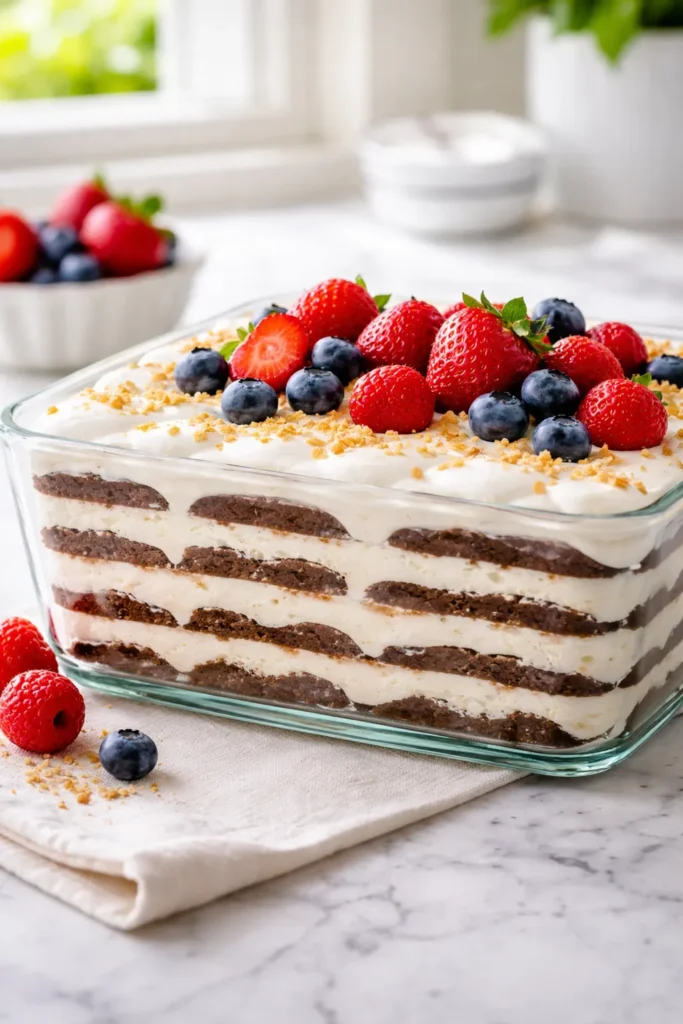 Layered no-bake icebox cake in a glass dish with visible cookie and cream layers