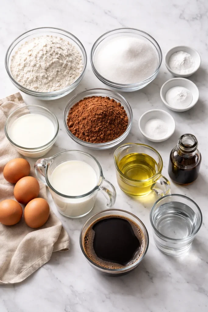 Top-down view of measured dry ingredients for chocolate cake