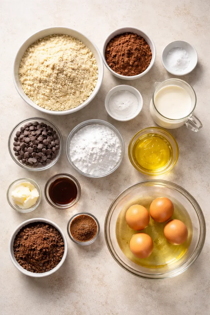 Top-down view of bowls with dry and wet cake ingredients arranged on a clean counter