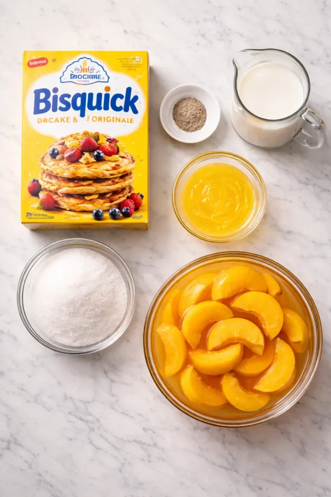 Top-down montage of cobbler ingredients including Bisquick, milk, nutmeg, butter, sugar, and peaches