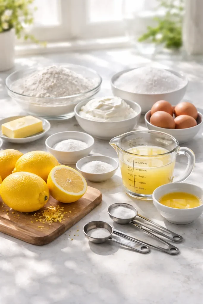 Measuring cups and spoons arranged on counter for lemon cake prep