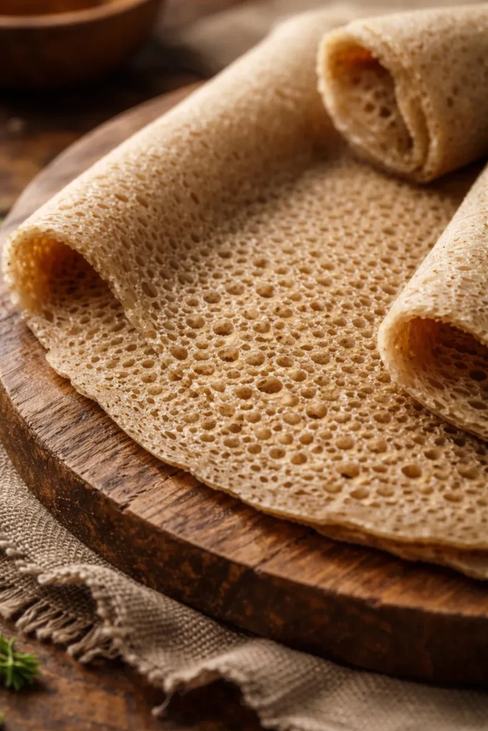 Close-up of injera surface with numerous holes on a wooden board