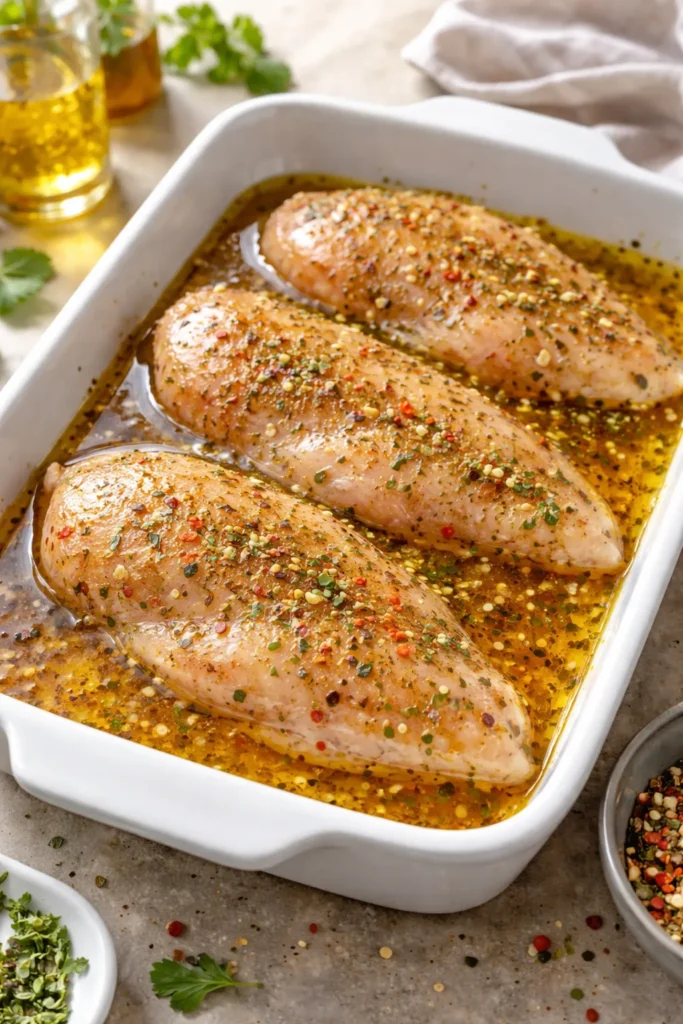 Chicken marinating in Italian dressing, coated on both sides