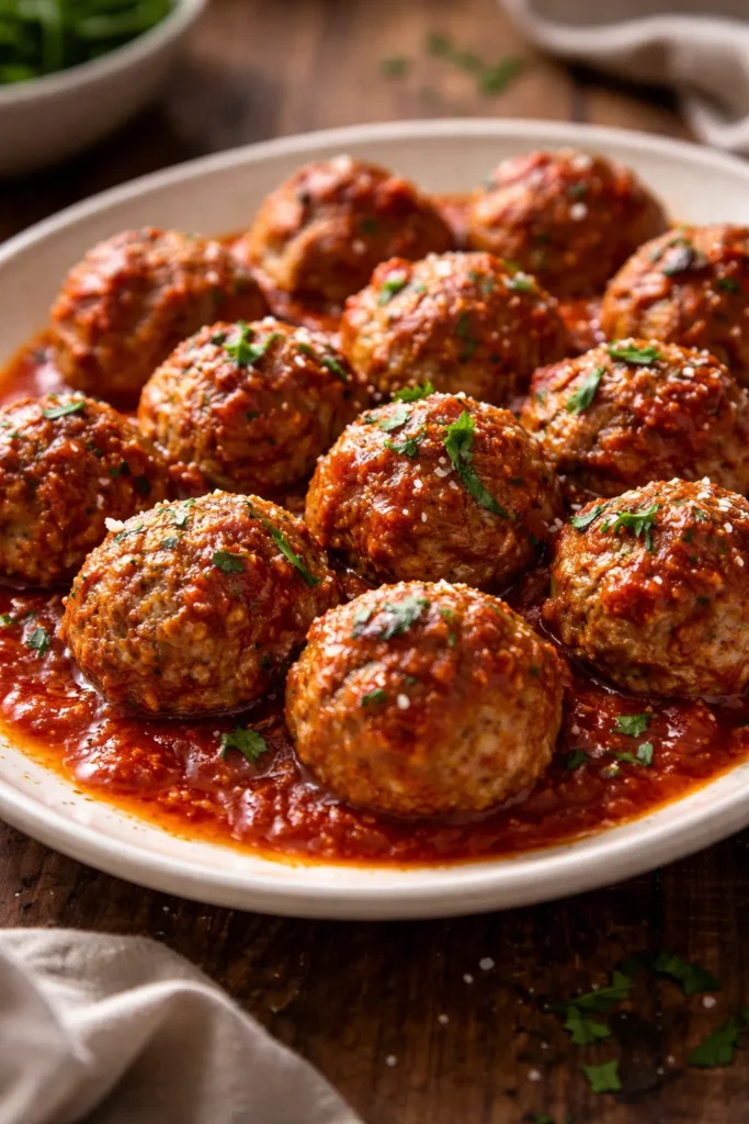 Meatballs with light glaze on a neutral platter