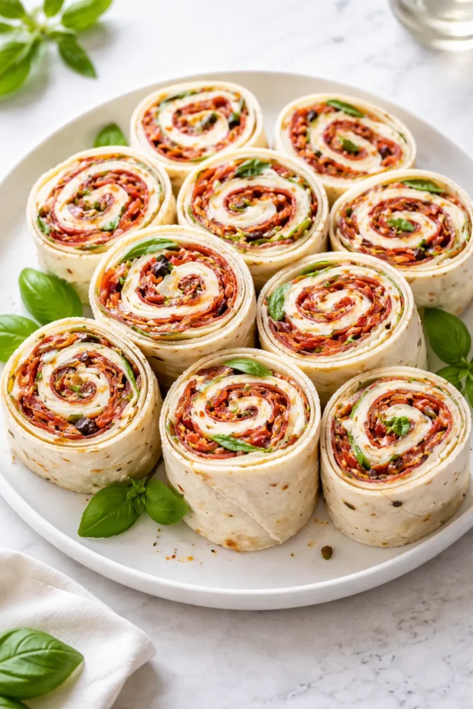 Cross-section of Italian pinwheels showing sun-dried tomato, mozzarella, and basil