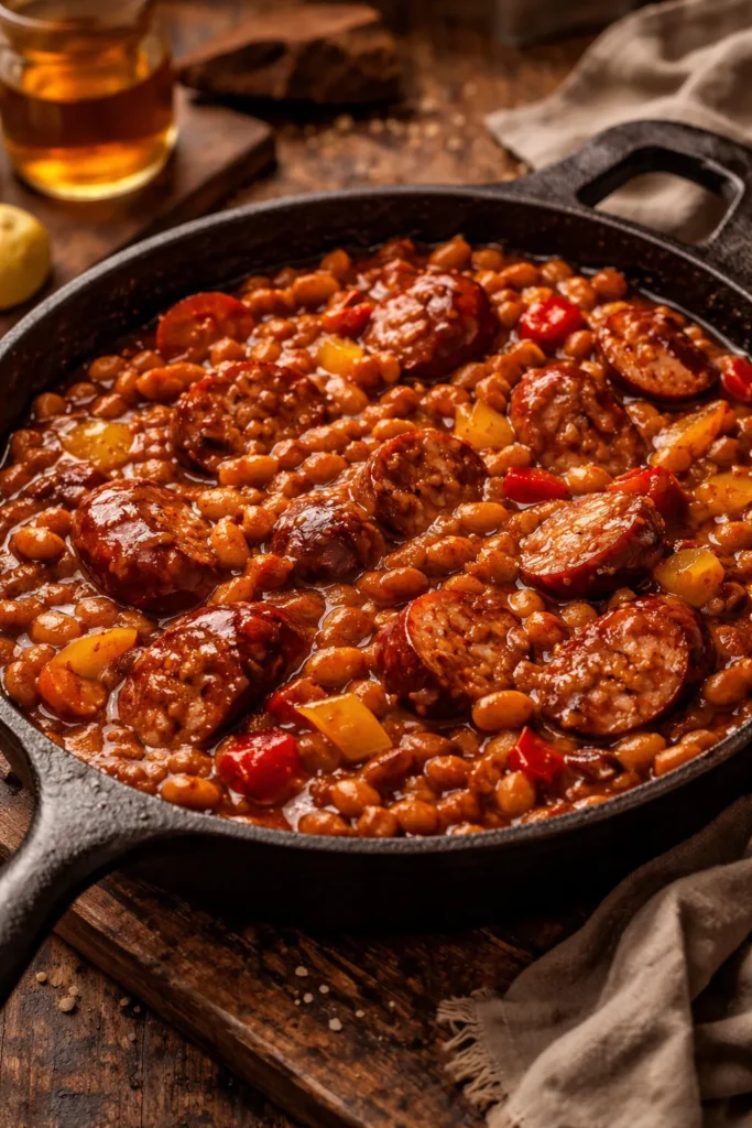 Close-up of Ultimate Easy BBQ Baked Beans with Italian sausage.