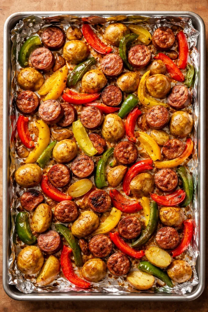 Italian sausage coins with potatoes and peppers on a sheet pan