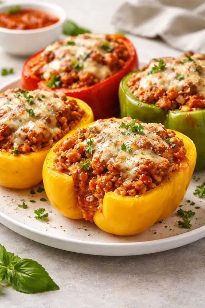 Pepper half filled with Italian sausage and marinara on a plain plate