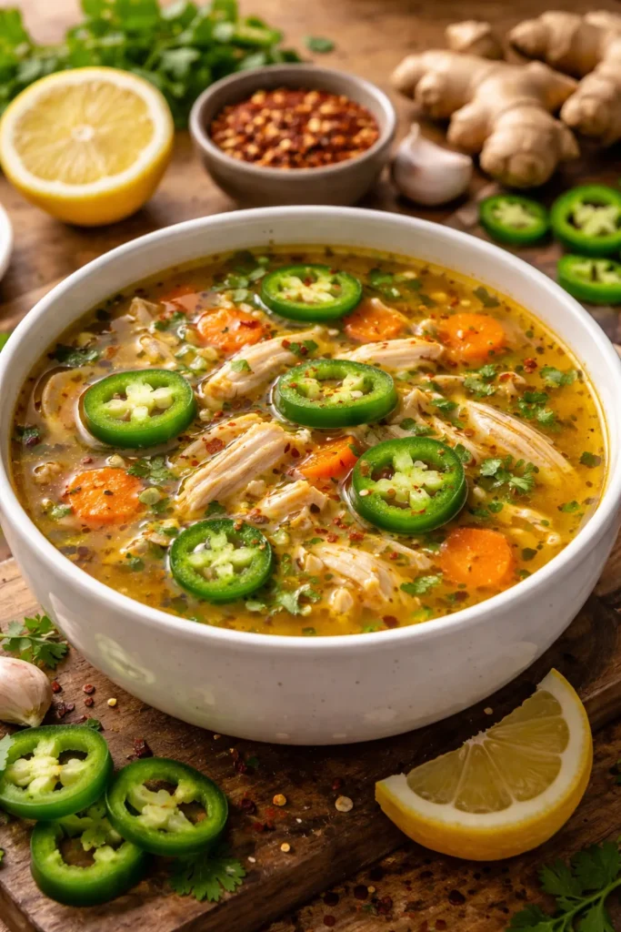 Spicy sick day chicken soup with jalapeño slices