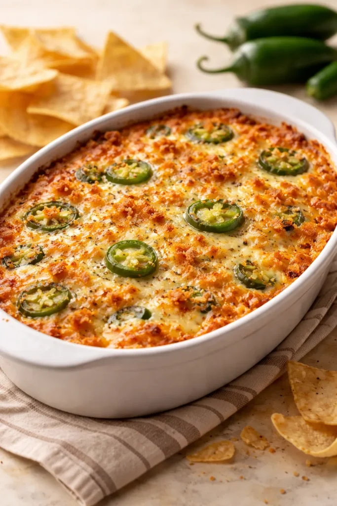 Bubbling jalapeño popper dip with cheese and jalapeños visible