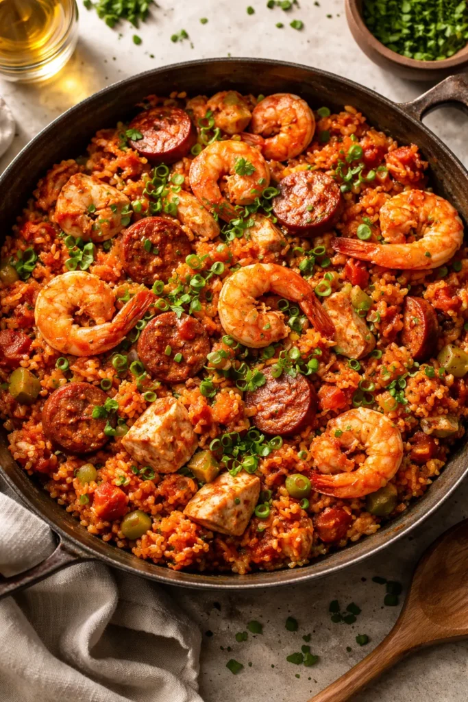 Bowl of jambalaya with sausage, chicken, and shrimp