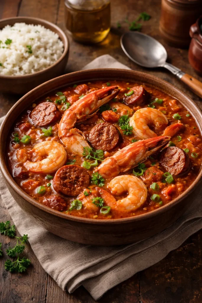 Close-up of jambalaya stew with andouille, shrimp, crab in tomato broth, rice on the side