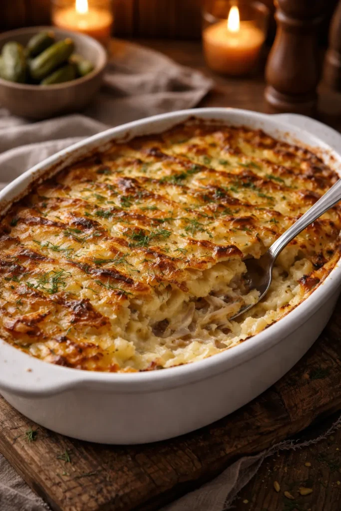 Creamy Janssons Frestelse potato gratin in a white baking dish with a golden crust