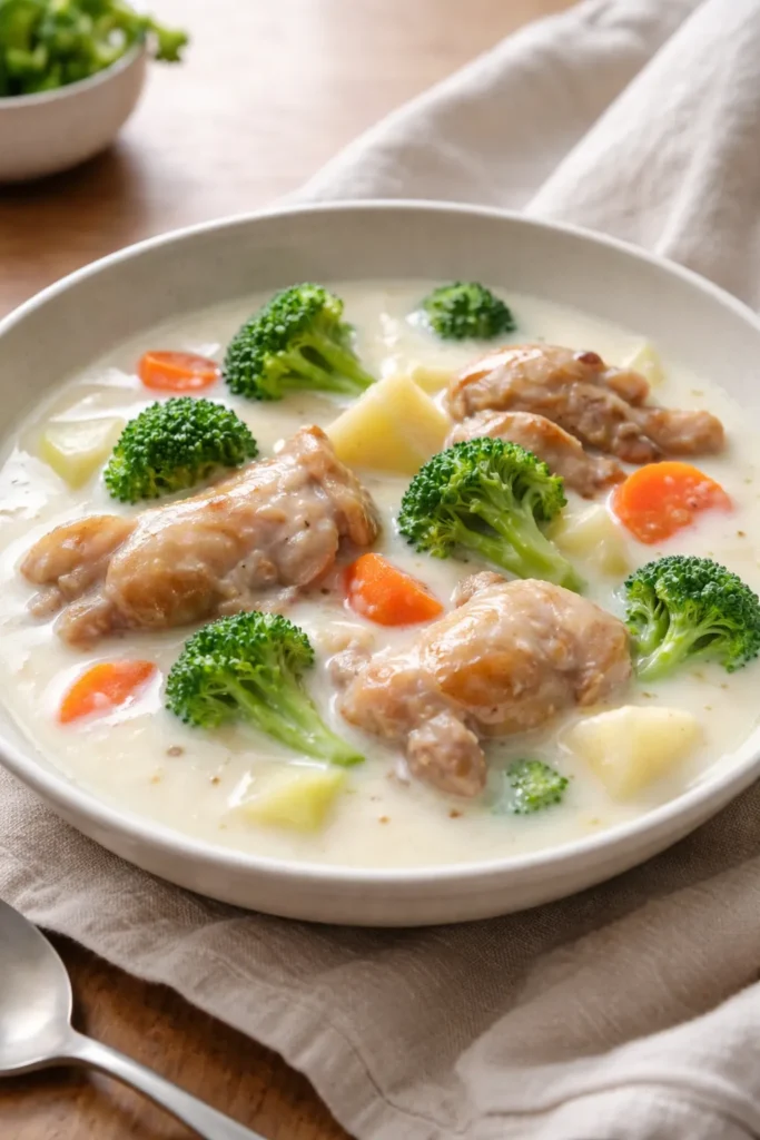 Silky white Japanese cream stew with chicken thighs and broccoli in a bowl.
