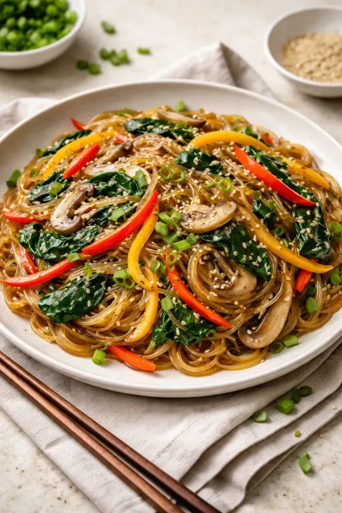 Japchae glass noodles with colorful vegetables on a plate