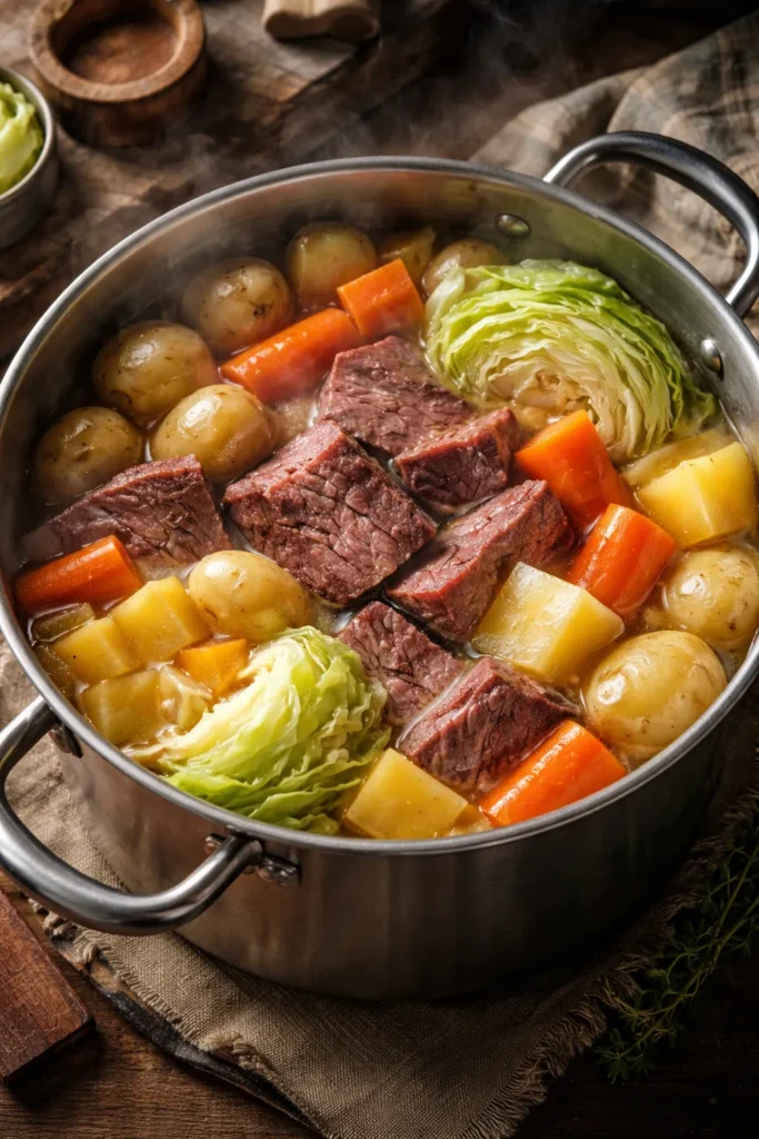 Open pot of Newfoundland Jiggs Dinner with salt beef and vegetables