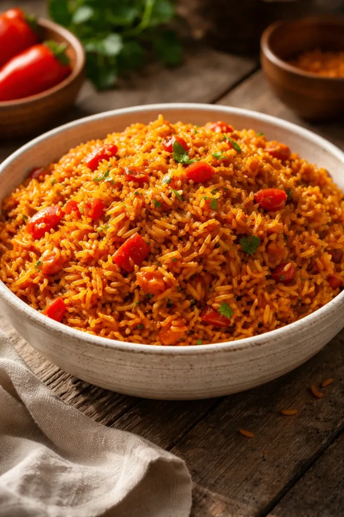 Close-up of Jollof Rice in a rustic bowl with a rich orange tomato-pepper base.