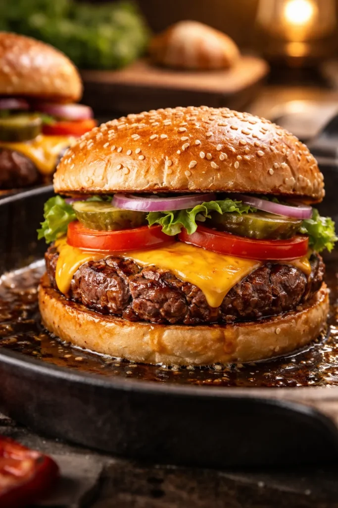 Close-up of a juicy beef hamburger patty with cheese on a bun, toppings visible in a cast-iron skillet