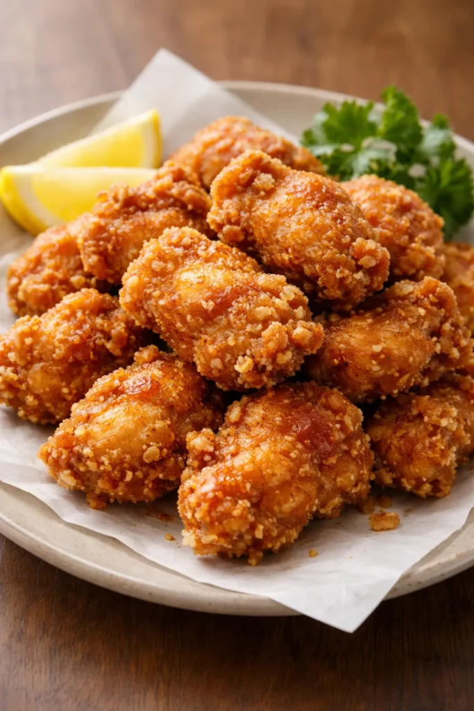 Crispy karaage chicken pieces on plate