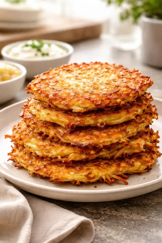 Golden brown potato pancakes on plate