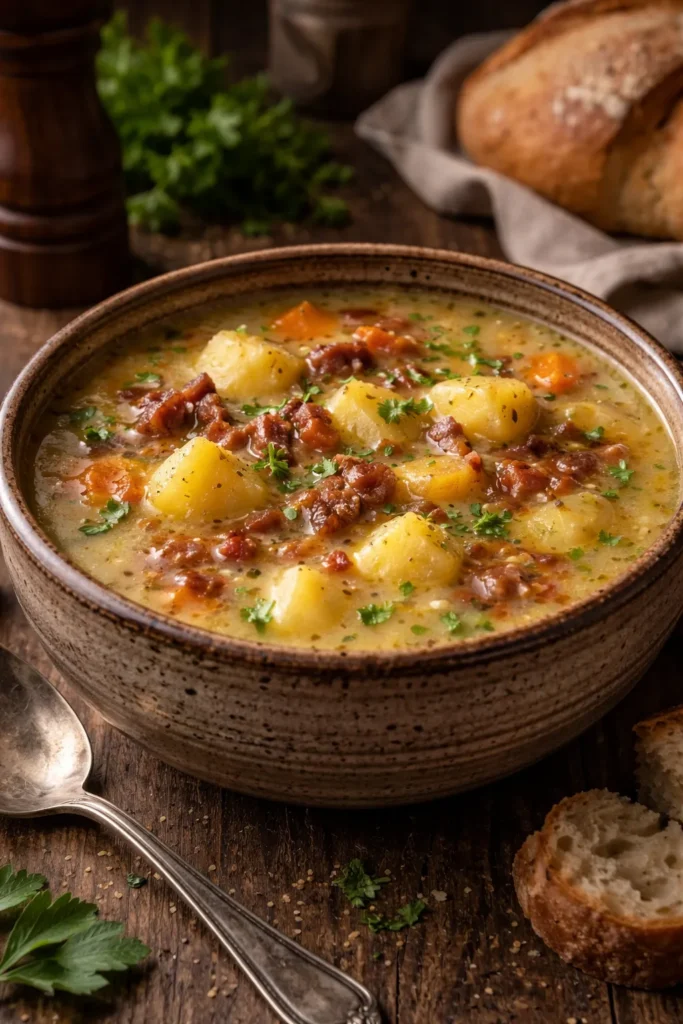 Thick potato soup with bacon in rustic bowl