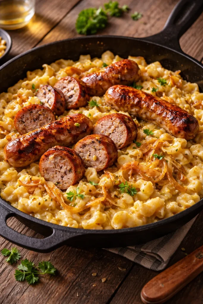 Cheesy spaetzle with bratwurst on cast-iron skillet