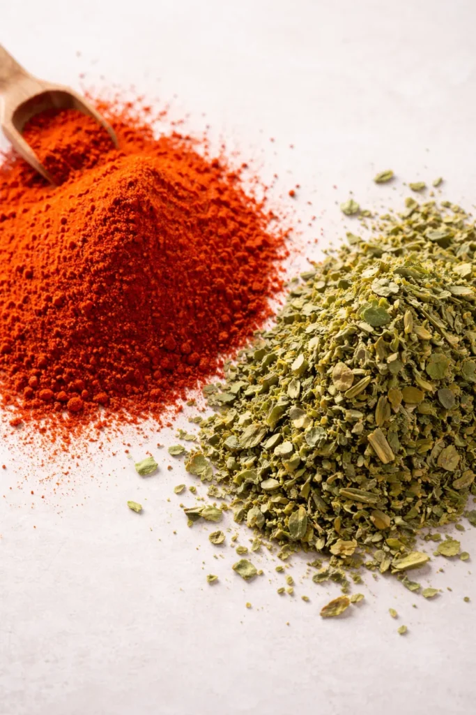 Kashmiri chili powder and kasuri methi leaves on a neutral surface