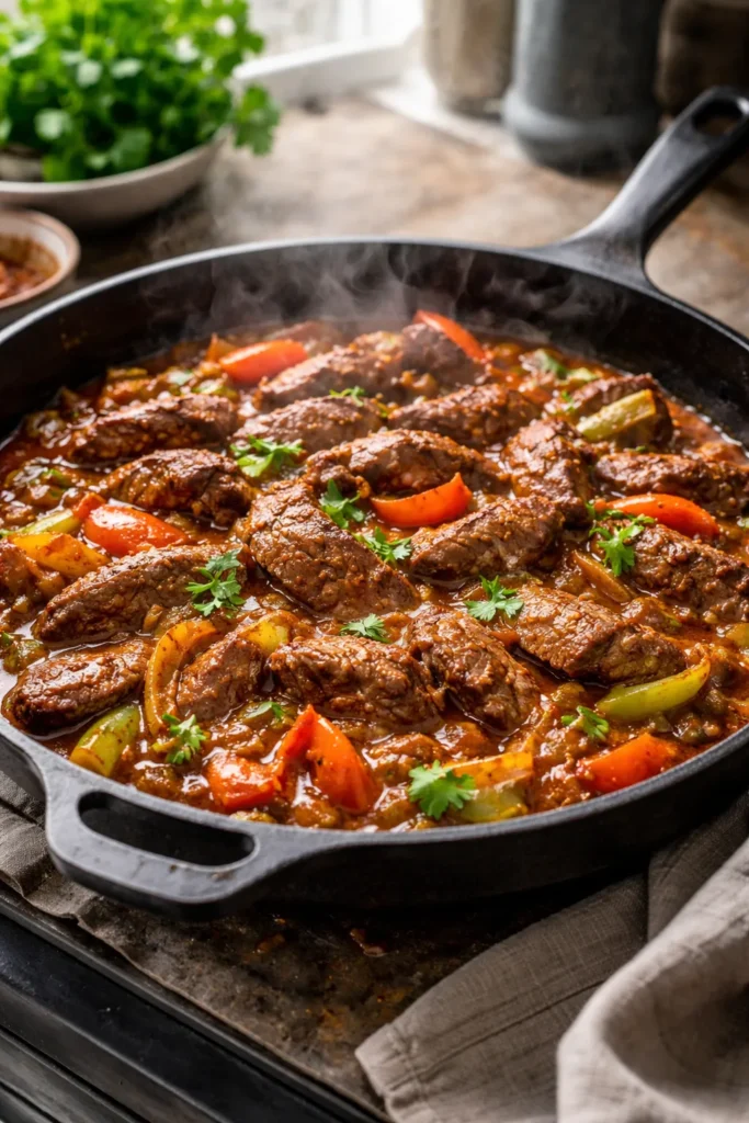 Beef slices browning in a skillet with tomato-based sauce.