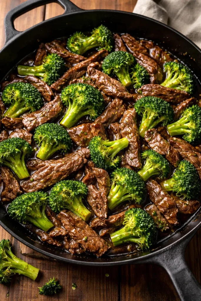Beef and broccoli stir fry with glossy sauce on a plate