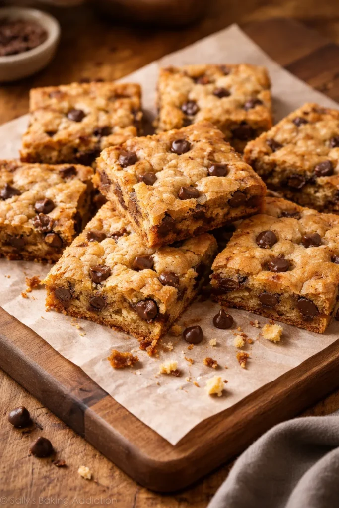 Keto blondies with chocolate chips on a board
