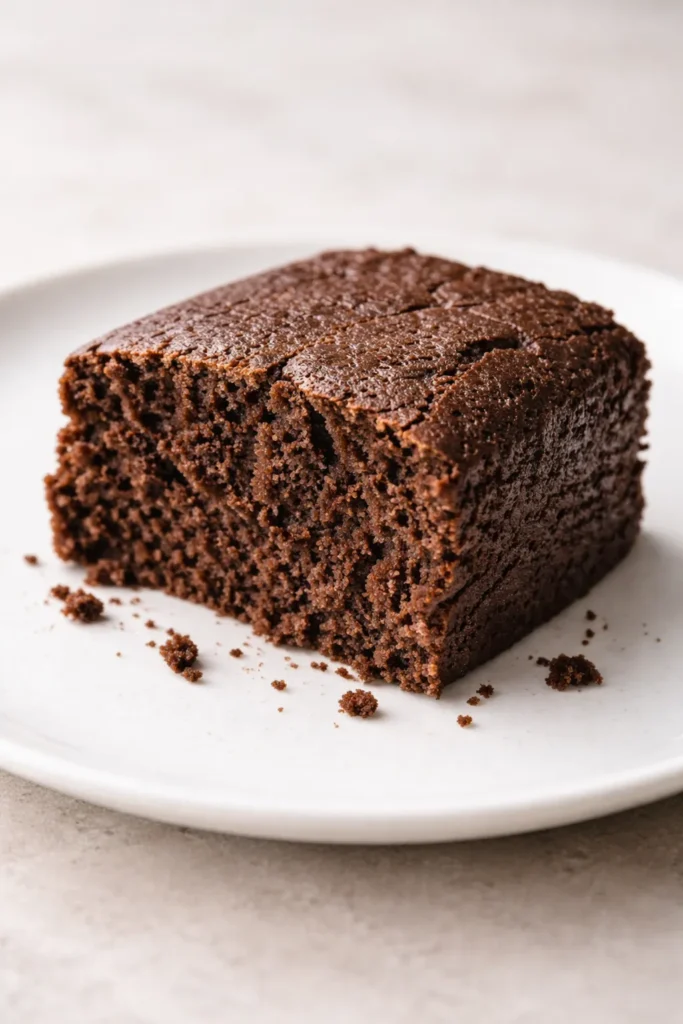 Close-up of a dry keto chocolate cake crumb on a plain plate