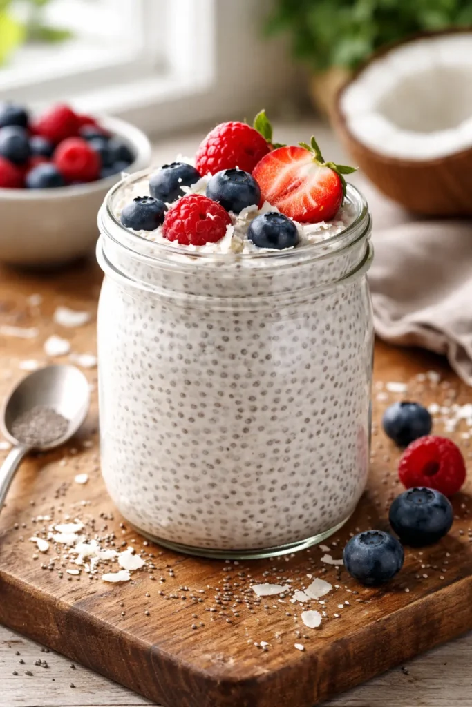 Keto chia pudding in a glass jar with berries and coconut flakes