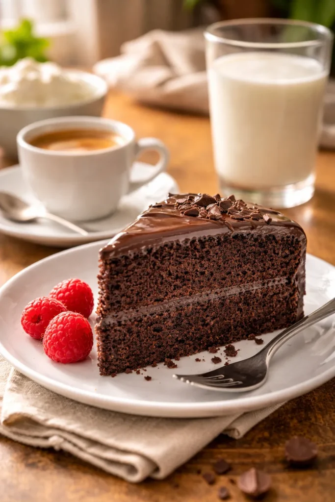 Keto chocolate cake slice with espresso, milk, and raspberries on plate