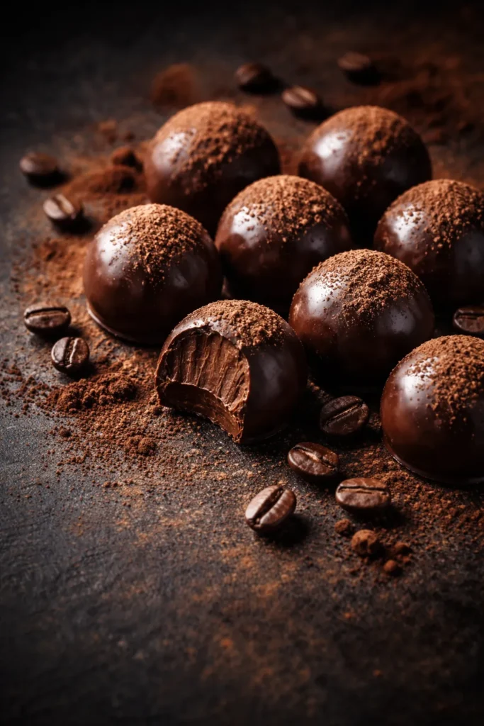 Glossy espresso-infused chocolate truffles arranged on dark background.
