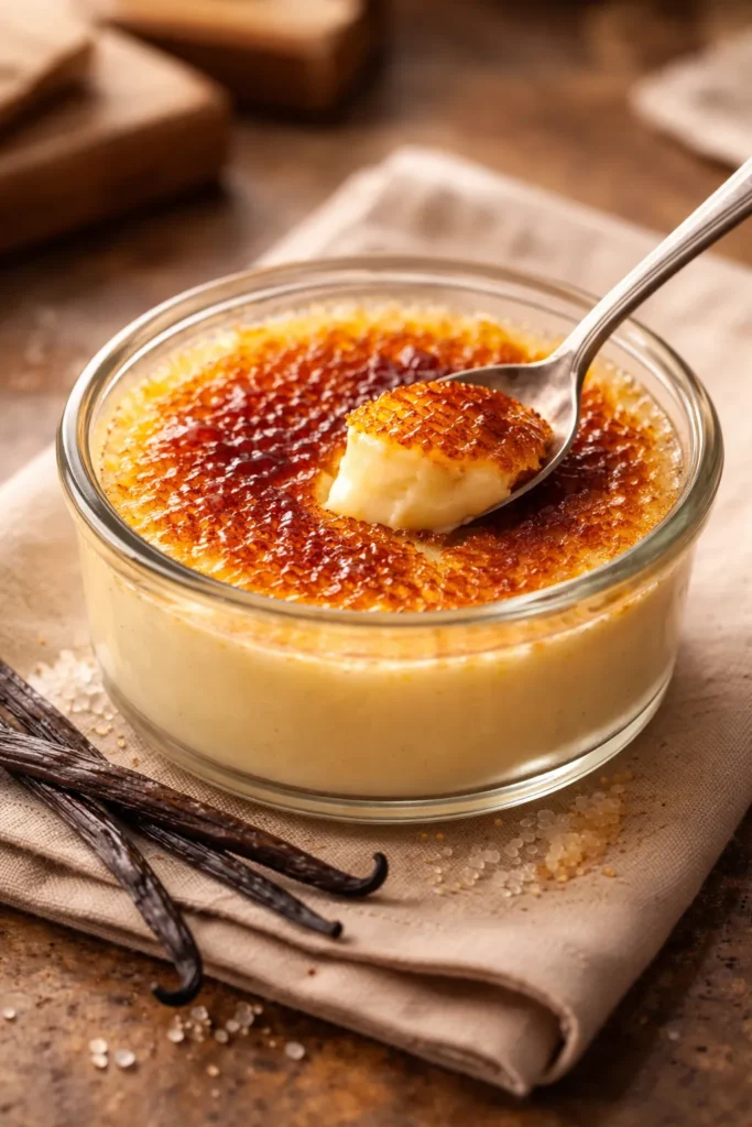 Single keto crème brûlée ramekin with caramelized top on a warm counter.