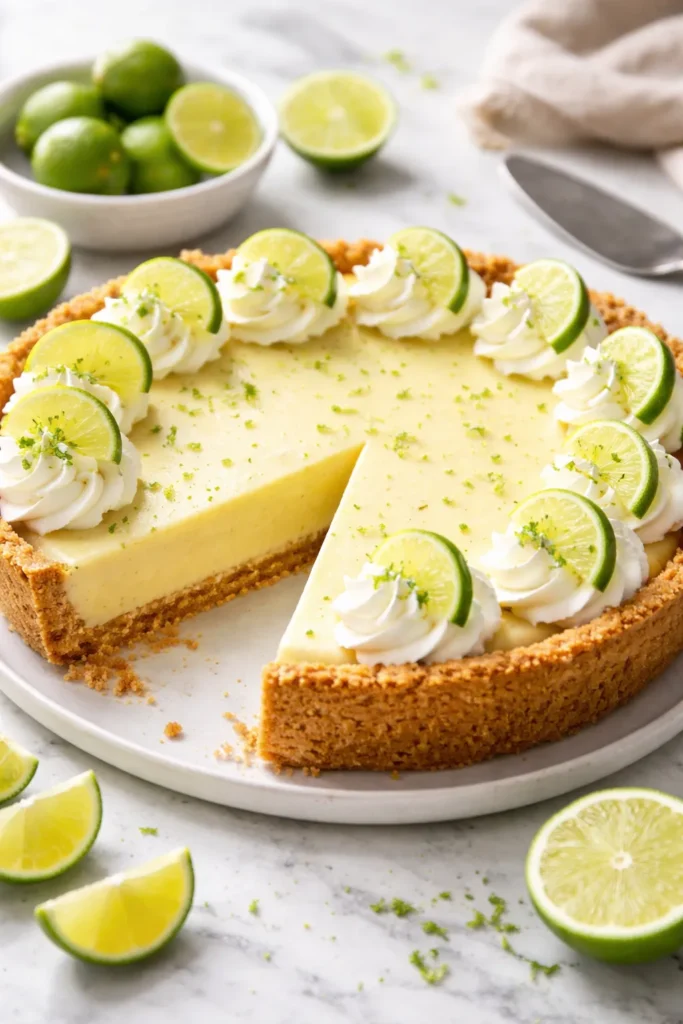 Key lime pie with bright green filling on a graham crust